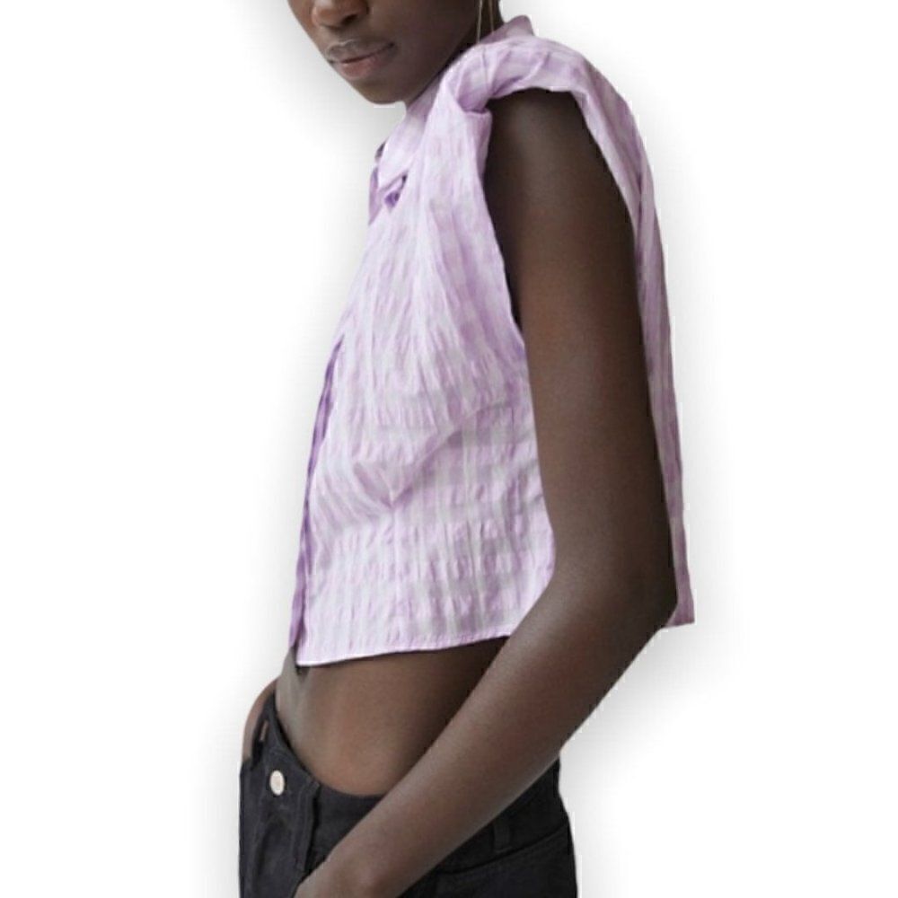 Zara Cropped Lilac Gingham Shoulder Padded Poplin Shirt
